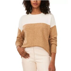 Vince Camuto Cozy Drop Shoulder Color Blocked Sweater Tan Ivory, Sz XS